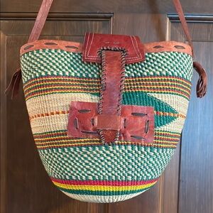 Handmade Woven Sisal & Leather Bucket Bag Boho Sustainable Natural Fiber NWOT